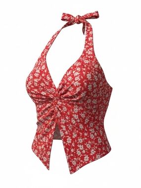 Red Floral Halter Twist Front Tankini Top